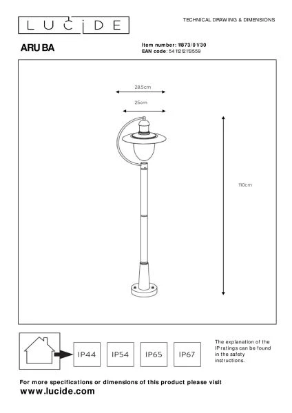 Lucide ARUBA - Lantaarnpaal - Ø 25 cm - 1xE27 - IP44 - Zwart - technisch